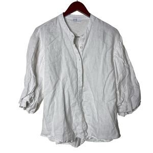 Dissh white linen collarless 3/4 sleeve button down shirt sz aus 8 US L